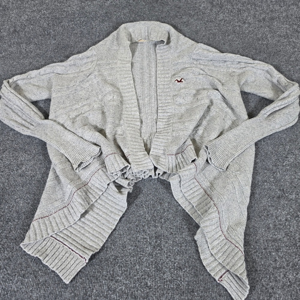 2000s Hollister Womens Gray Cable Knit Open Front Waterfall Ruffle Cardigan Sz L
